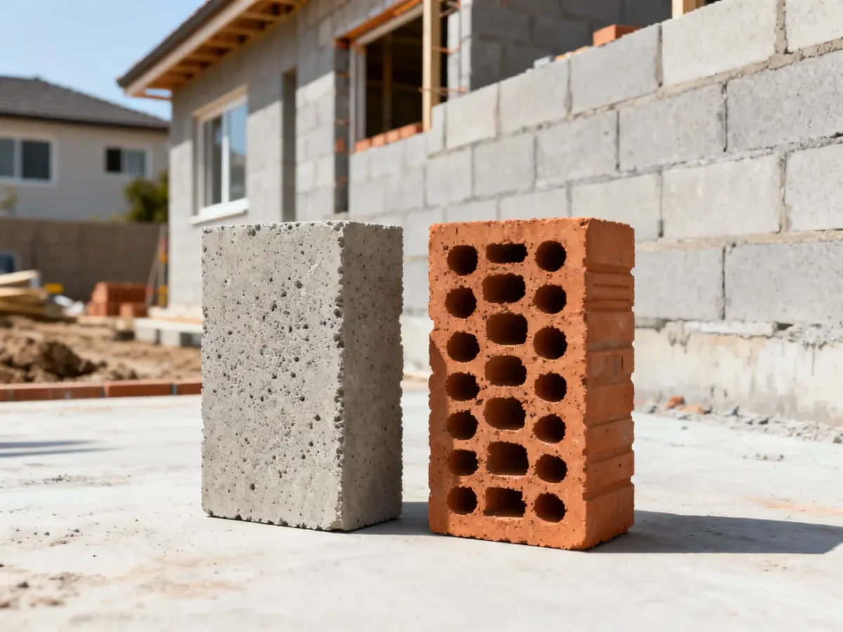 Porównanie bloczka z betonu komórkowego i ceramicznego pustaka na placu budowy