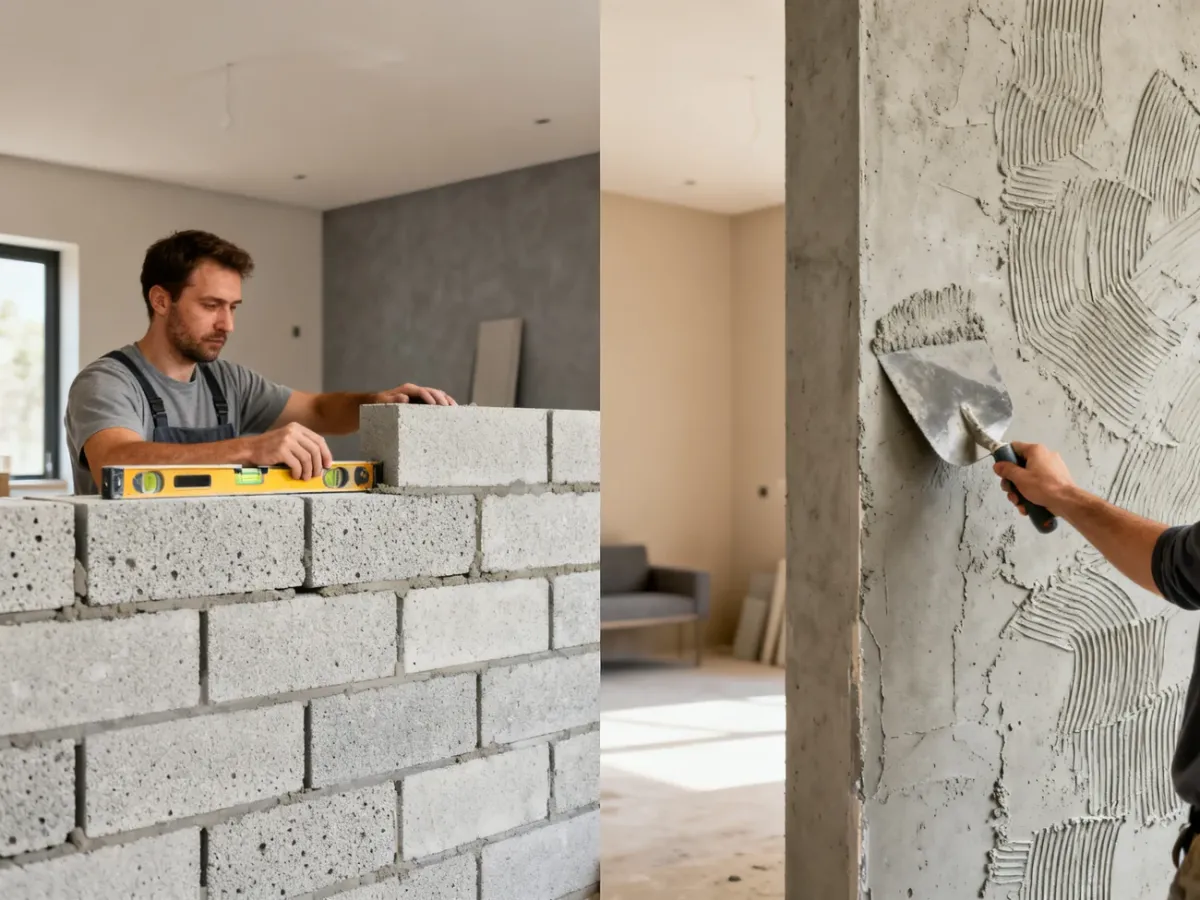Porównanie murowania ściany z bloczków betonu komórkowego i dekoracyjnego efektu betonu