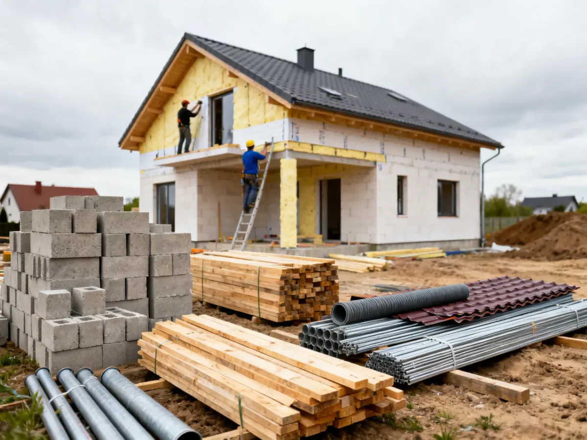 Materiały budowlane i ekipa pracująca przy budowie domu