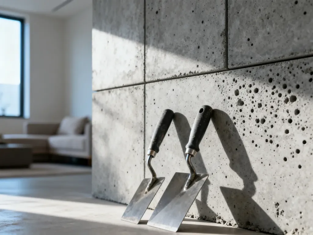 Szare panele z betonu architektonicznego na ścianie oraz narzędzia murarskie przygotowane do montażu okładziny.