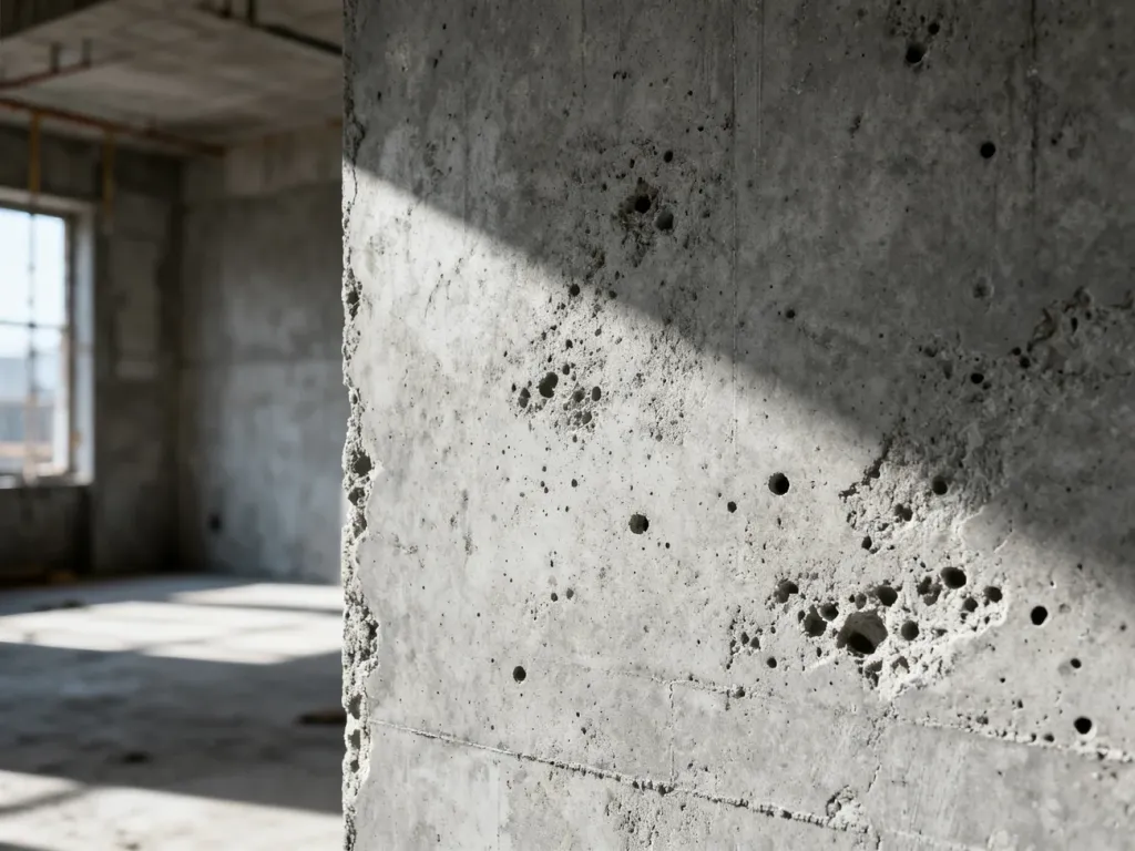 Zbliżenie na surową, betonową ścianę o wyraźnej teksturze, utrzymaną w minimalistycznym, industrialnym stylu.