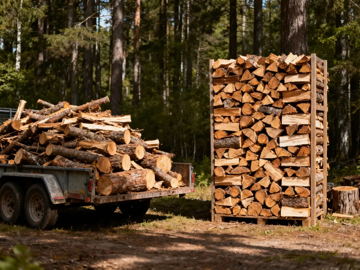 Porównanie równo ułożonego stosu drewna z drewnem nasypanym luzem
