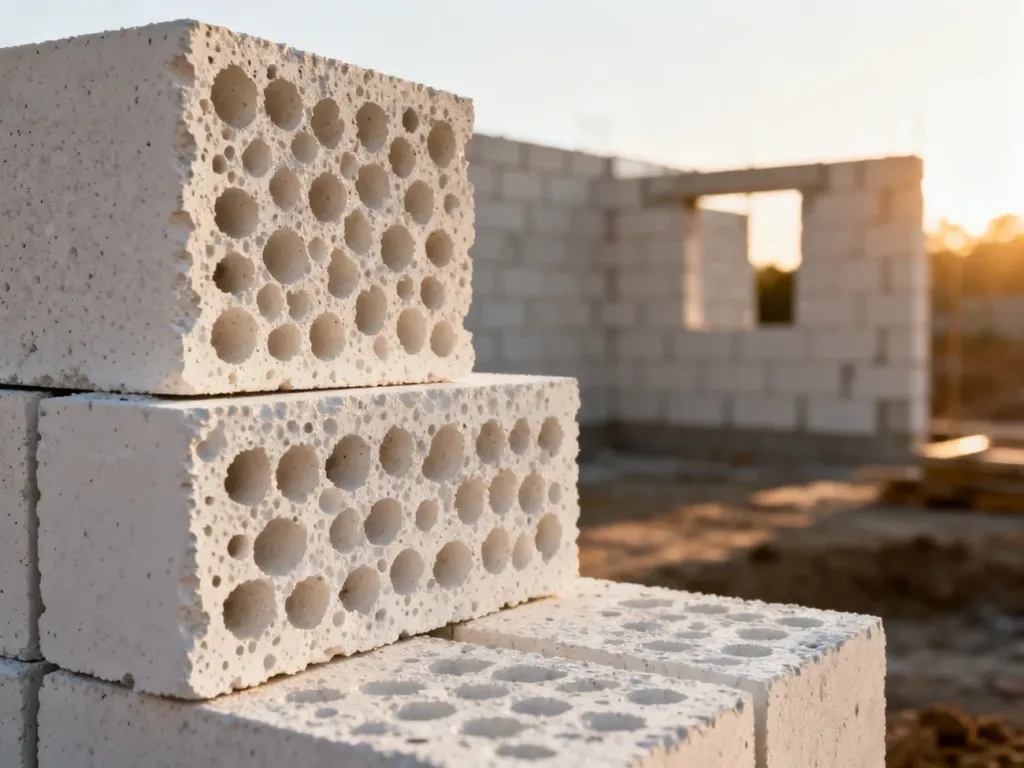 Stos białych bloczków z betonu komórkowego na placu budowy w świetle poranka.