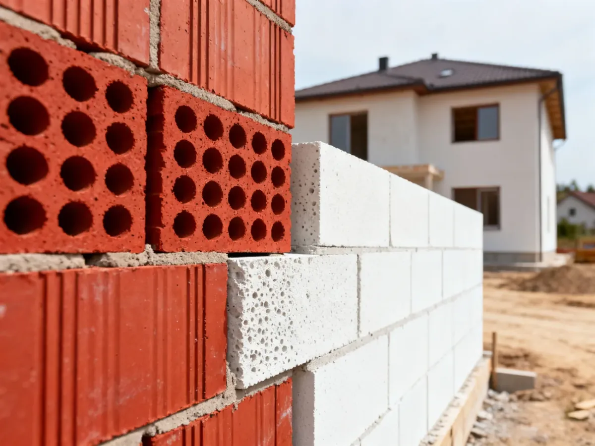 Porównanie pustaków ceramicznych Porotherm i białych bloczków Ytong na placu budowy