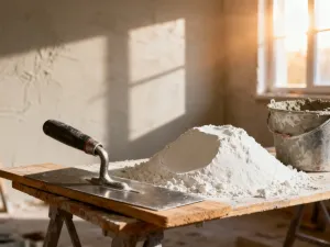 Paleta z ułożonymi pustakami ceramicznymi Porotherm 25 na placu budowy w świetle słonecznym.