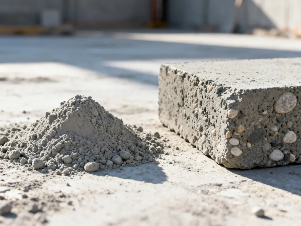 Porównanie sypkiego cementu w proszku oraz utwardzonego bloku betonu z widocznym kruszywem.
