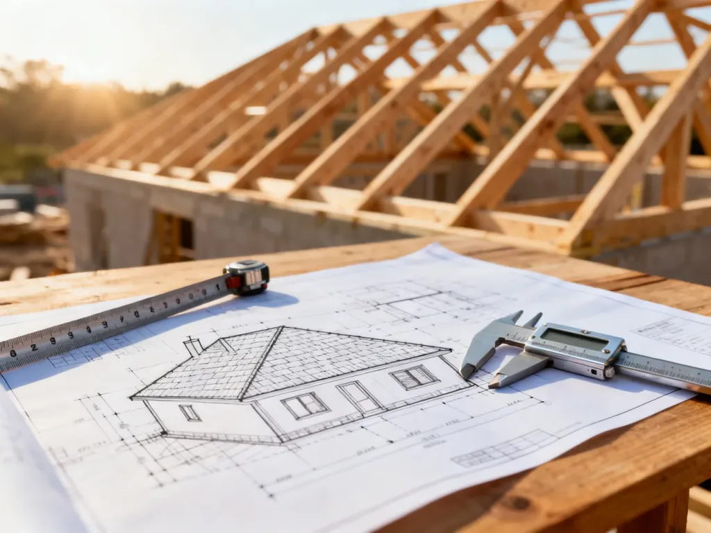 Plany architektoniczne dachu z narzędziami pomiarowymi na drewnianym stole, przygotowane do obliczeń materiałów budowlanych.