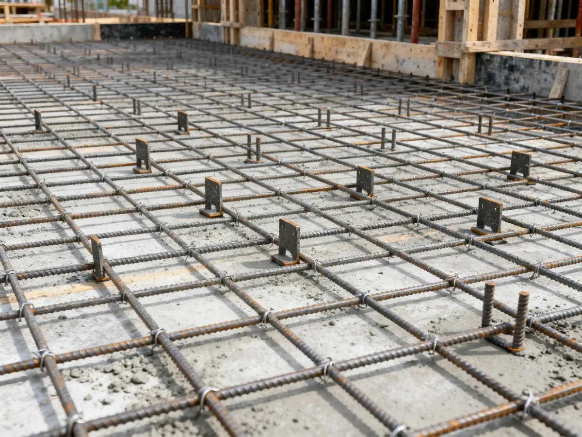 Zbrojenie stropu monolitycznego ułożone na dystansach przed betonowaniem
