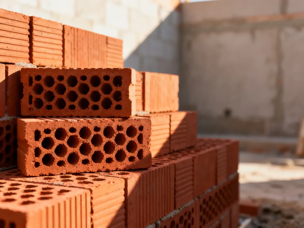Stos czerwonych pustaków ceramicznych Porotherm na placu budowy w świetle porannego słońca.