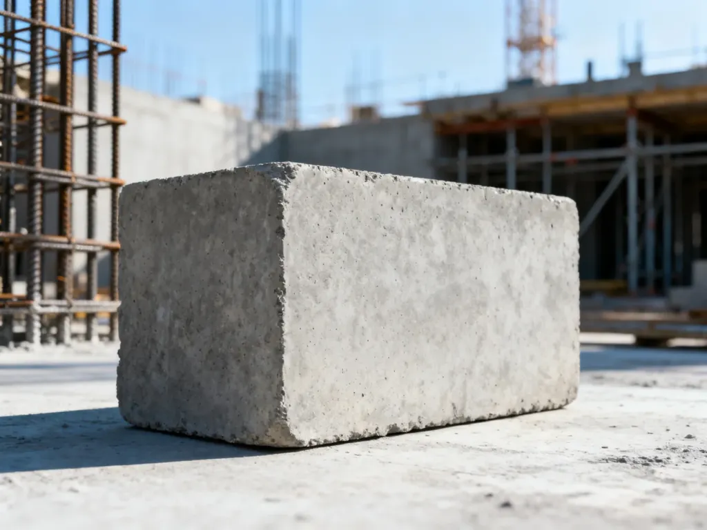 Zbliżenie na betonowy blok na placu budowy z widocznymi w tle zbrojeniami i rusztowaniami.