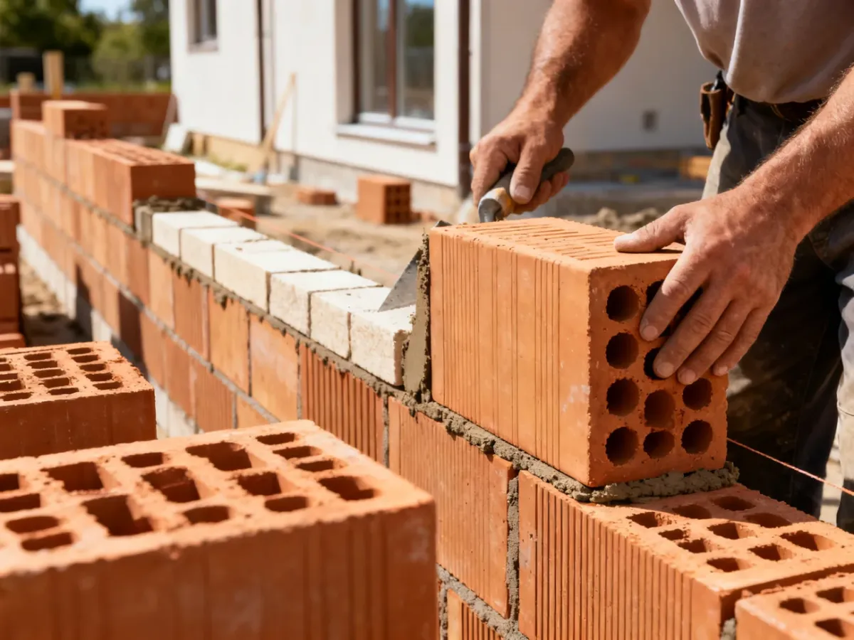 Murarz układający pustaki ceramiczne na ścianie domu