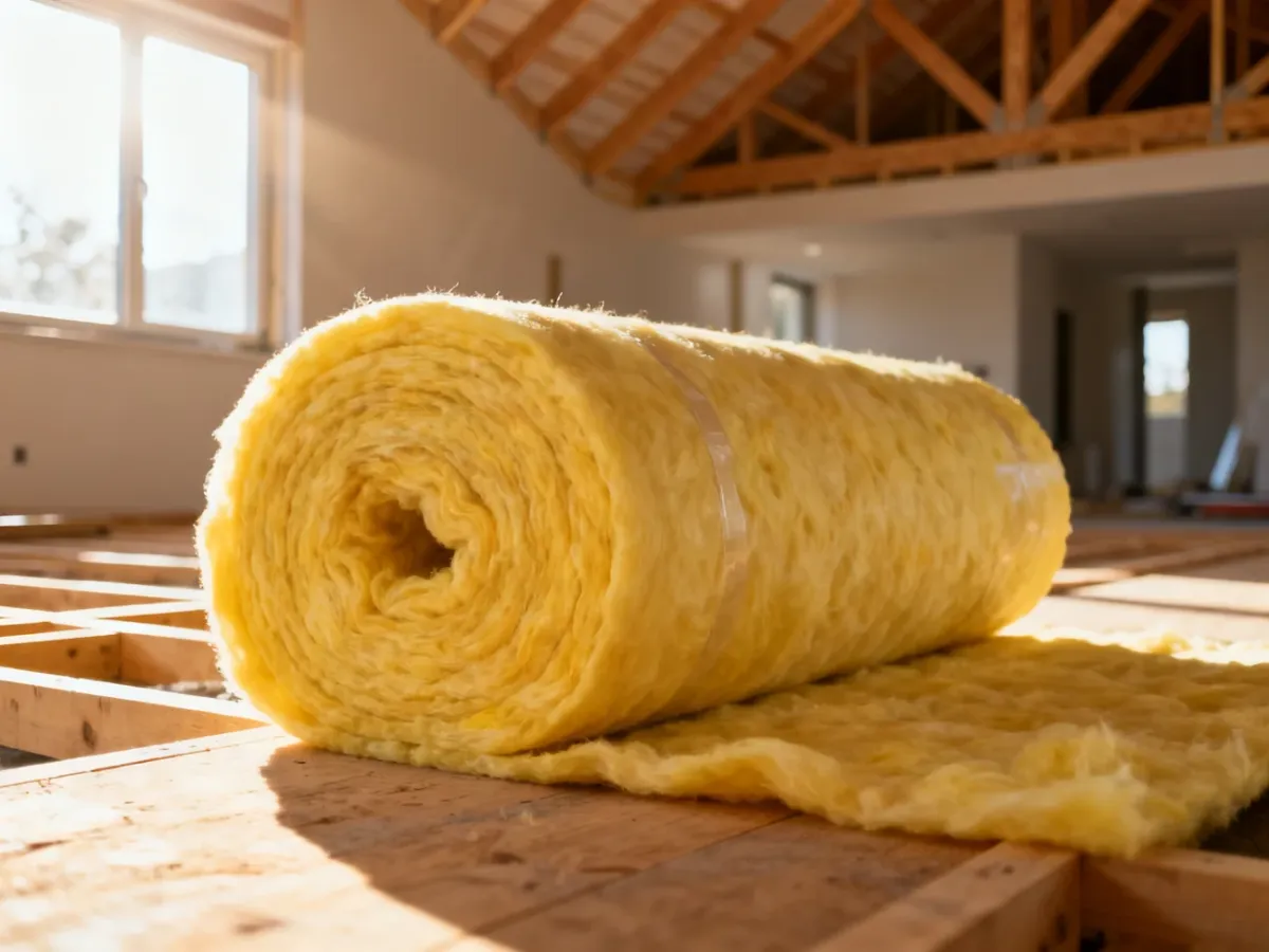 Zwinięta żółta wełna mineralna przygotowana do izolacji poddasza na tle drewnianej konstrukcji dachu.