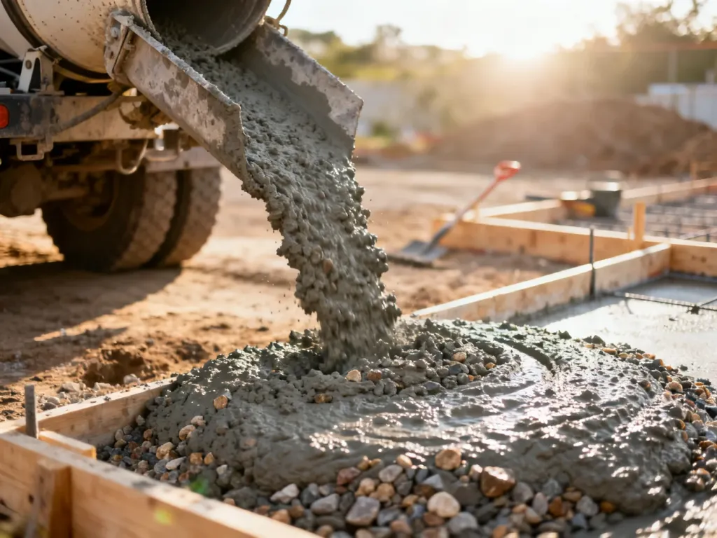 Betoniarka wylewająca świeżą mieszankę betonową na przygotowane podłoże budowlane. Zbliżenie na teksturę betonu z kruszywem.