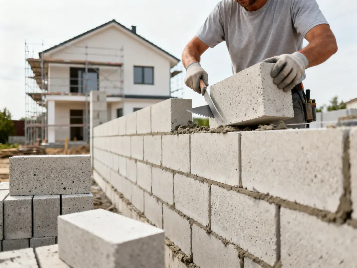 Murarz wznoszący ścianę domu z bloczków z betonu komórkowego
