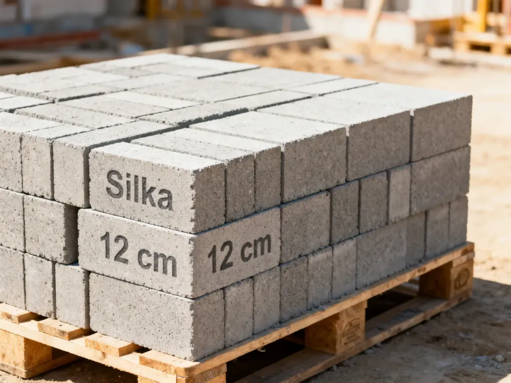 Paleta z precyzyjnie ułożonymi bloczkami silikatowymi Silka o grubości 12 cm na placu budowy.
