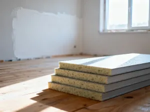 Stos płyt izolacyjnych XPS o grubości 5 cm na placu budowy. Widoczne detale struktury materiału w świetle dziennym.
