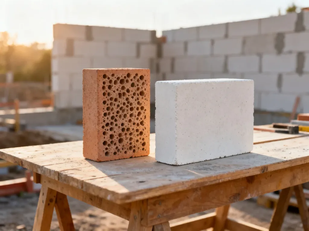 Porównanie tekstury ceramicznego pustaka oraz gładkiej cegły silikatowej na placu budowy.