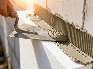 Porównanie czerwonego pustaka ceramicznego i białej cegły silikatowej na placu budowy w świetle zachodzącego słońca.