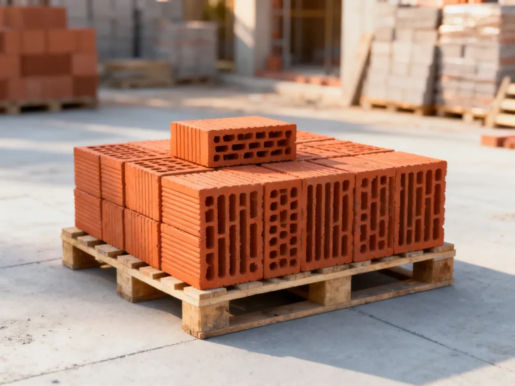Paleta z równo ułożonymi pustakami ceramicznymi typu Max na placu budowy.
