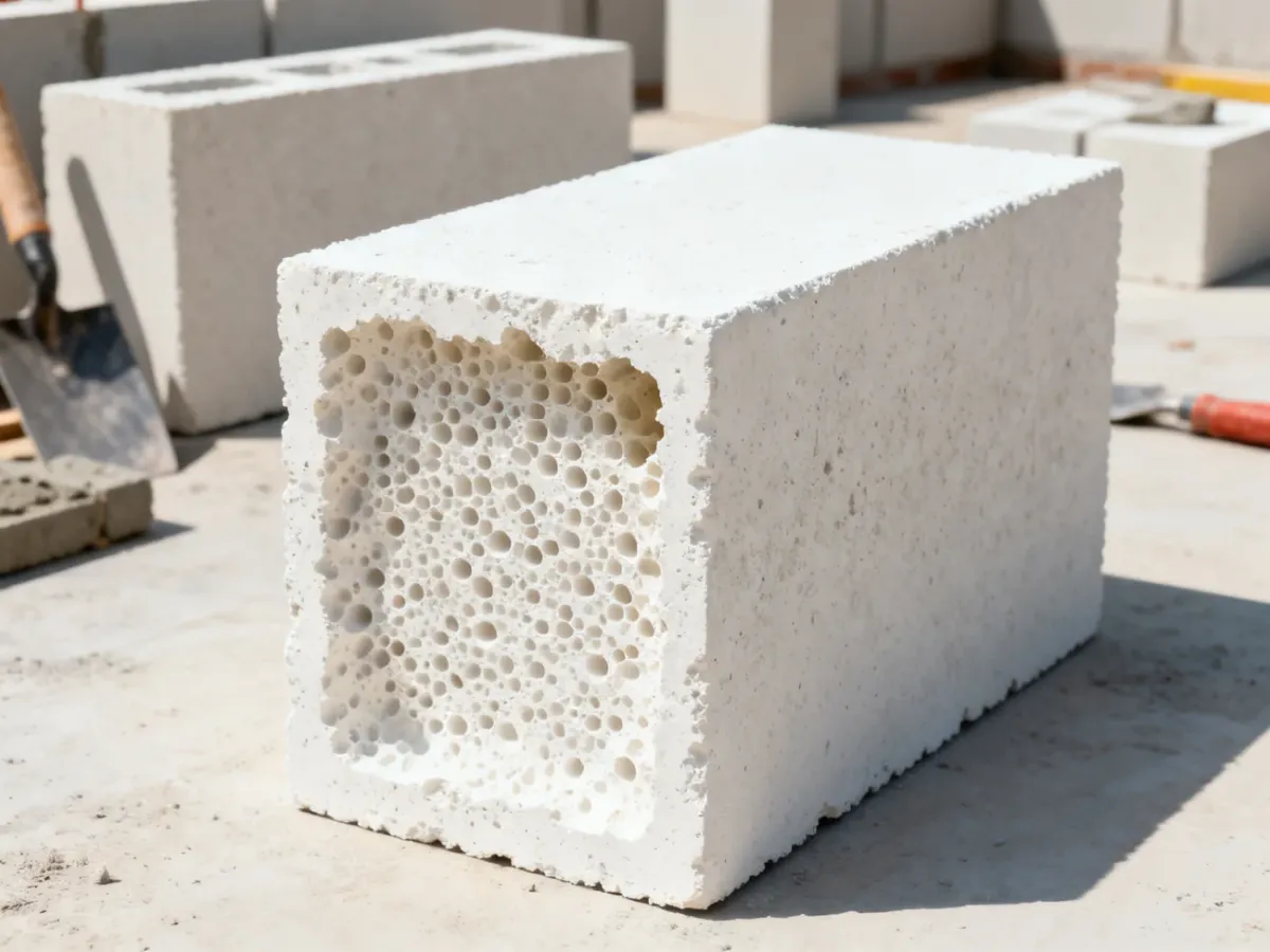 Przekrój jasnego bloczka z betonu komórkowego z widoczną porowatą strukturą