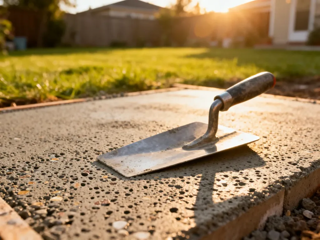 Świeżo ułożony beton drenażowy z widoczną porowatą strukturą i kielnią na powierzchni w ogrodowym otoczeniu.