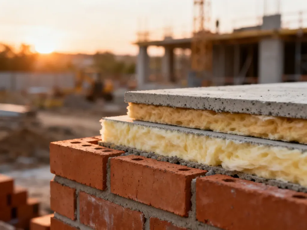 Przekrój przez warstwy ściany konstrukcyjnej, ukazujący cegłę, izolację oraz beton na tle placu budowy.