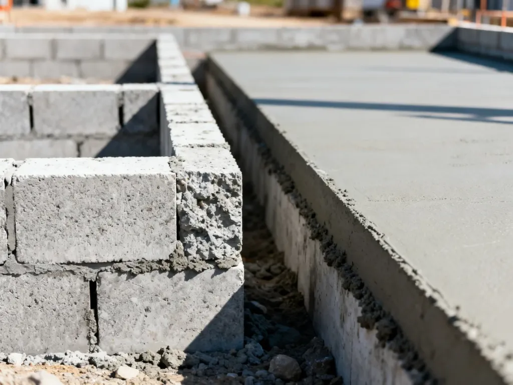 Porównanie fundamentów z bloczków betonowych oraz wylewanych na placu budowy. Widoczne zestawienie obu technologii konstrukcyjnych.