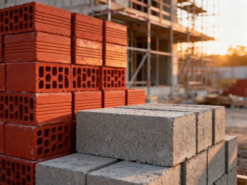 Porównanie czerwonych pustaków ceramicznych i szarych bloczków betonowych na placu budowy w świetle zachodzącego słońca.