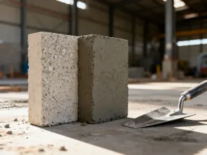 Pełny worek cementu na betonowym podłożu w otoczeniu materiałów budowlanych. Ilustracja do artykułu o cenach cementu.