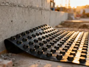 Porównanie czerwonej cegły ceramicznej i białych bloków silikatowych na placu budowy w świetle poranka.