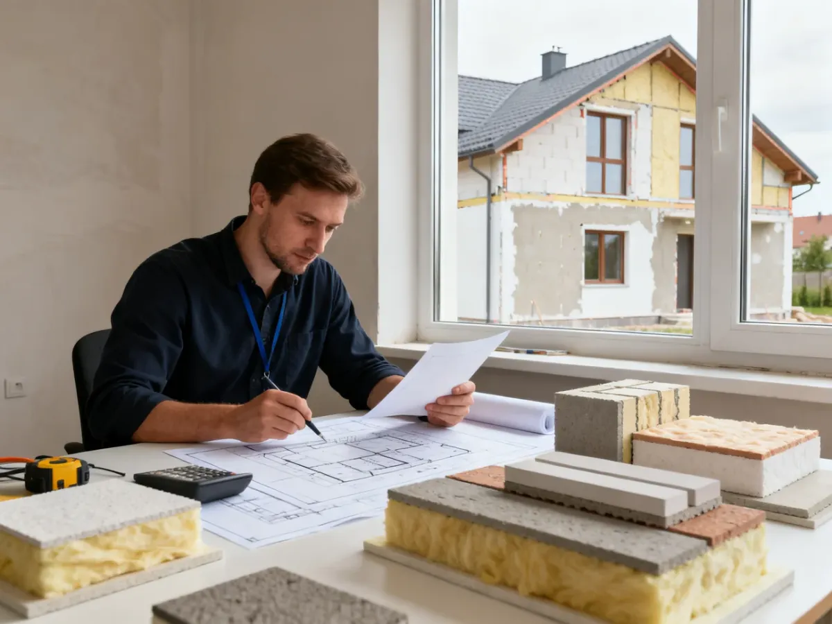 Audytor analizujący projekt ocieplenia domu i parametry izolacji
