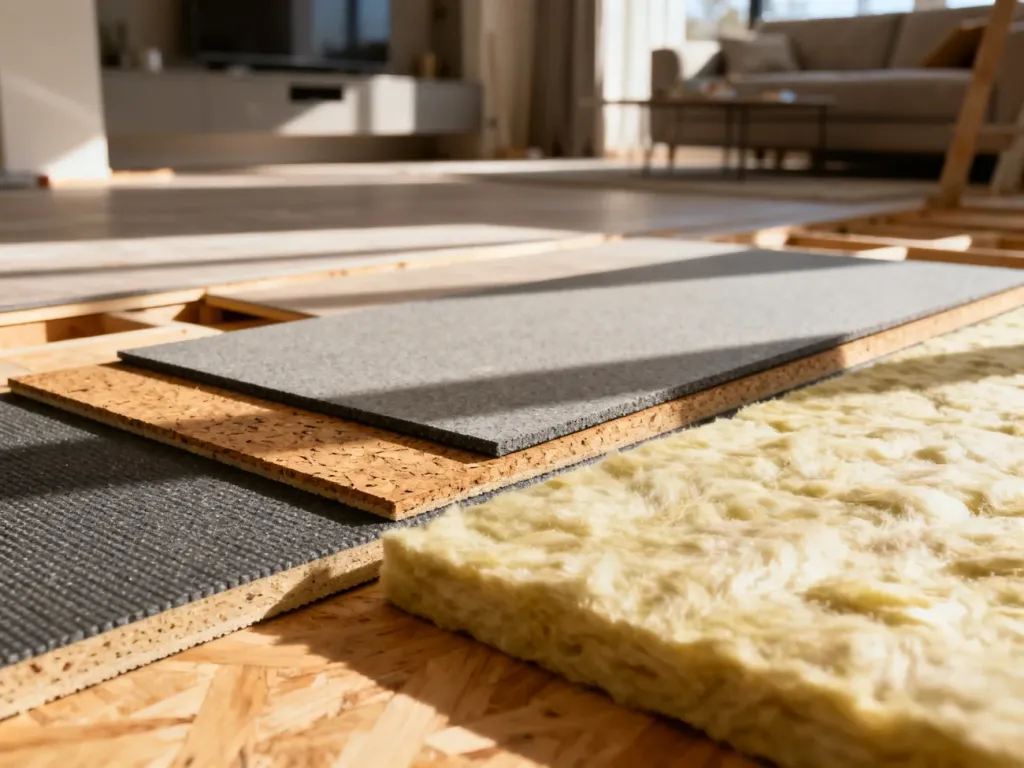 Różnorodne materiały do izolacji akustycznej podłogi, takie jak maty, korek i wełna mineralna, ułożone na drewnianym podłożu.