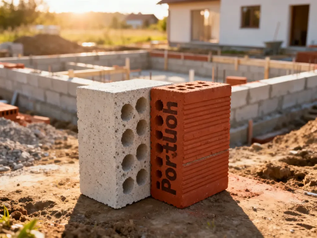 Porównanie bloczków z betonu komórkowego i ceramiki Porotherm na tle fundamentów domu w budowie.
