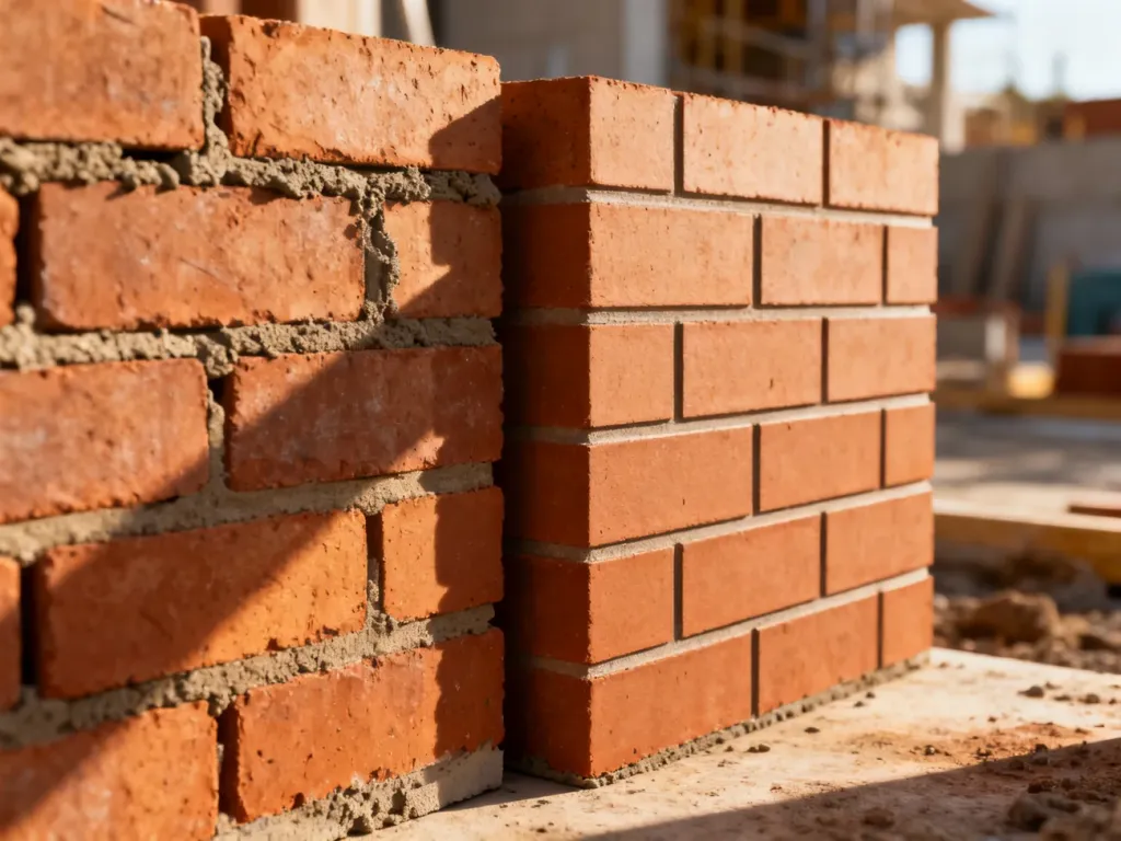 Porównanie tradycyjnej zaprawy murarskiej z nowoczesną technologią cienkowarstwową na przykładzie dwóch fragmentów muru.