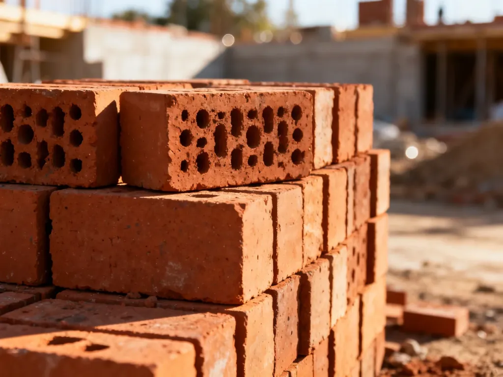 Stos cegieł ceramicznych o porowatej fakturze na placu budowy, oświetlony ciepłym światłem słonecznym.
