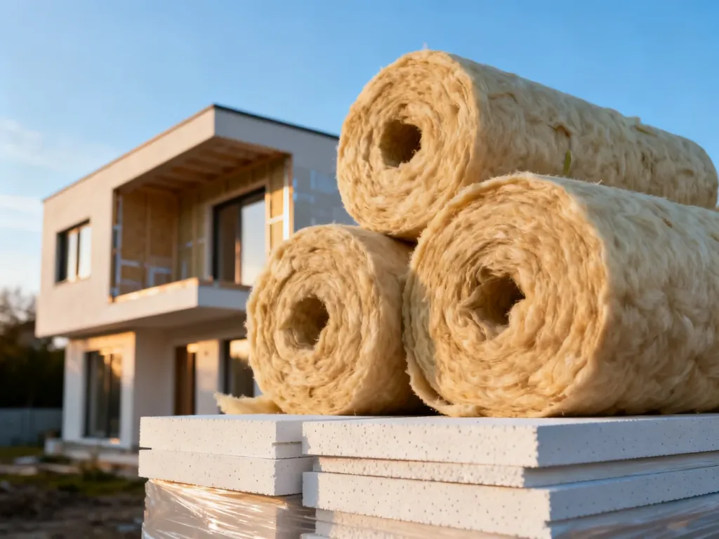 Materiały izolacyjne, takie jak wełna mineralna i styropian, przygotowane do ocieplenia elewacji nowoczesnego domu.