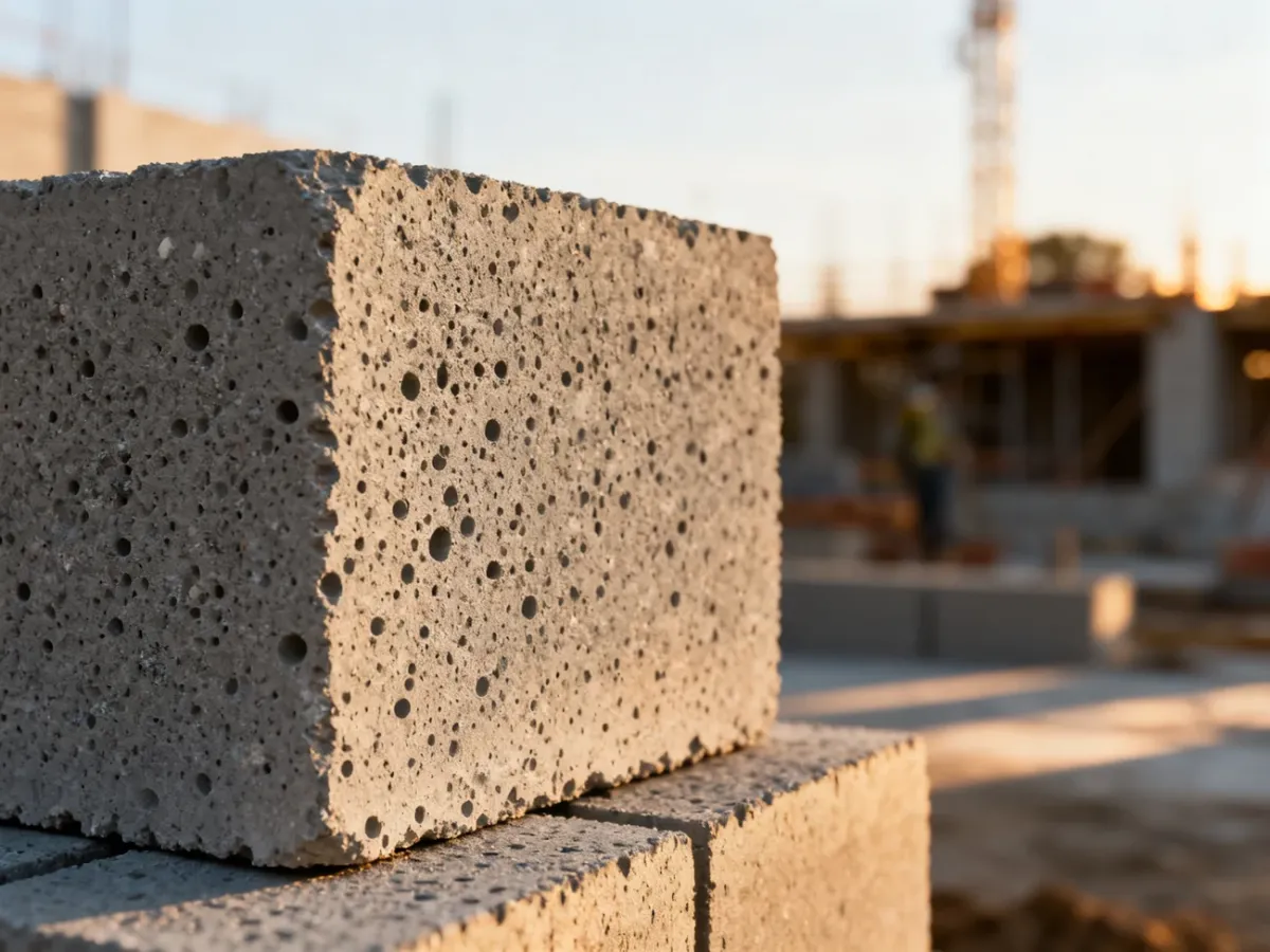 Zbliżenie na porowatą strukturę bloku betonu pienistego na tle placu budowy w promieniach porannego słońca.