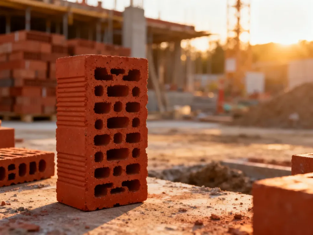 Pojedynczy pustak ceramiczny Porotherm na placu budowy w świetle zachodzącego słońca.