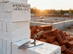Dwa worki cementu o różnej klasie wytrzymałości na placu budowy w świetle zachodzącego słońca.