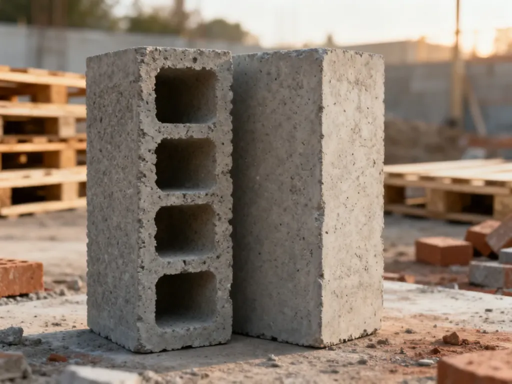 Dwa rodzaje pustaków betonowych o różnej strukturze wewnętrznej ustawione obok siebie na placu budowy.