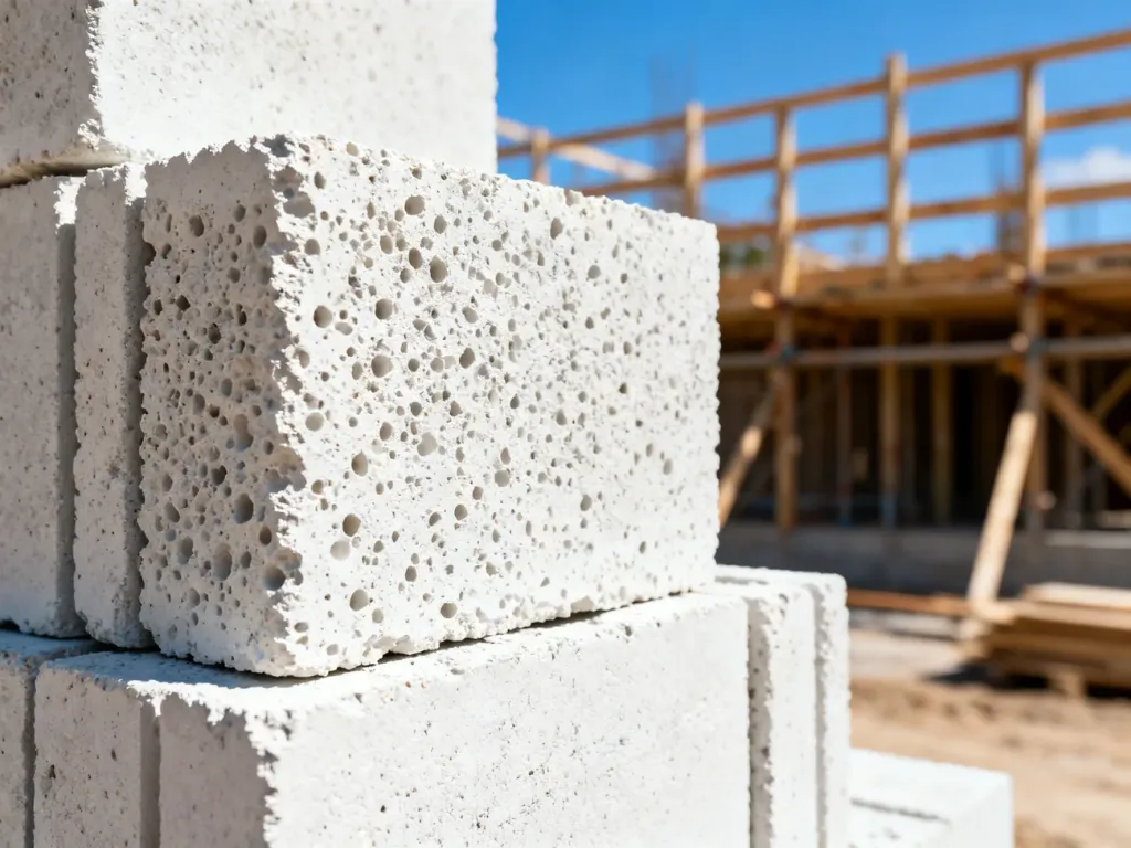 Stos białych bloczków z betonu komórkowego na placu budowy w słoneczny dzień. Widoczna porowata struktura materiału.