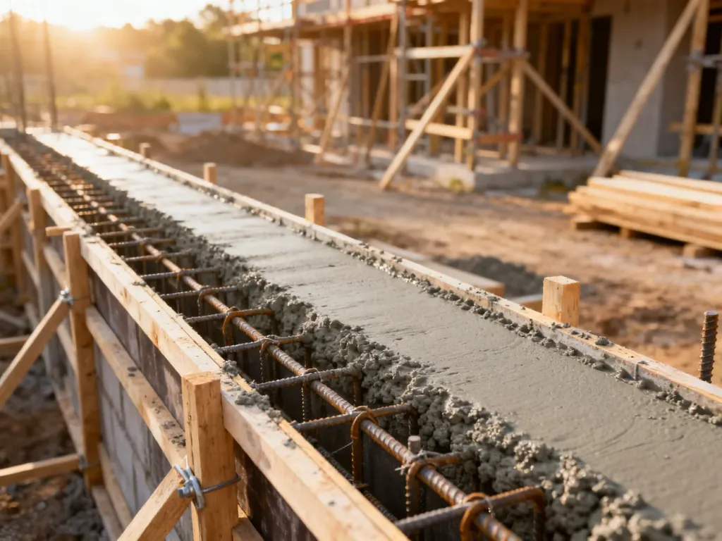 Świeża mieszanka betonowa wylana w zbrojeniu wieńca na placu budowy. Widoczna tekstura betonu w szalunku.