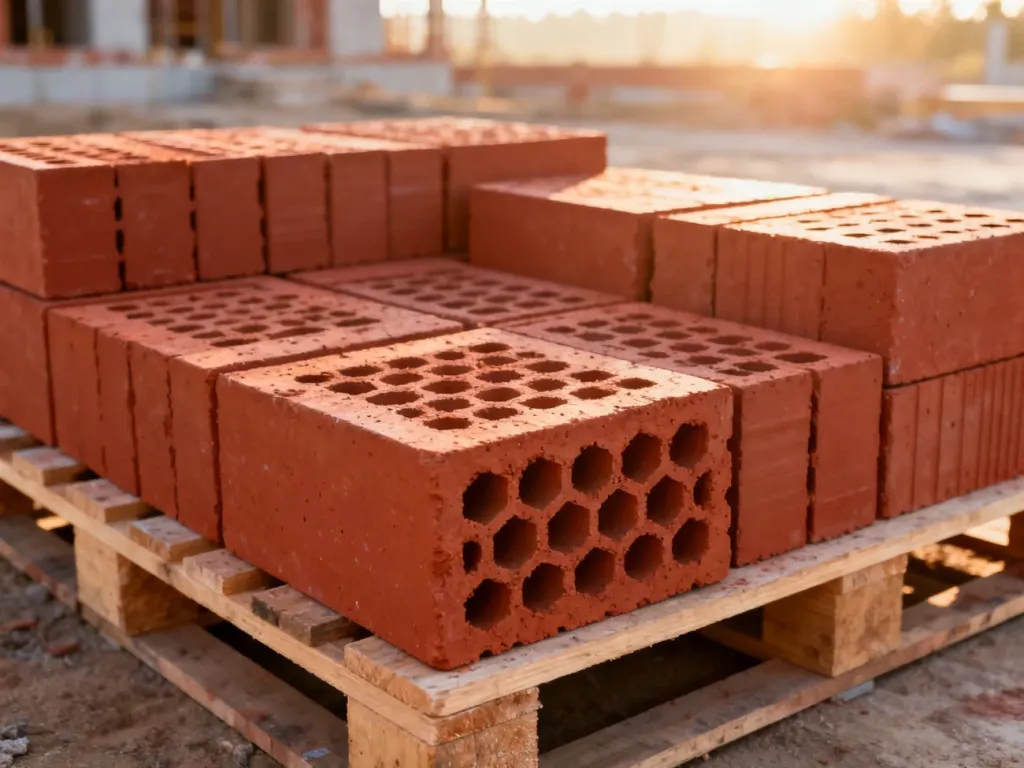 Stos pustaków ceramicznych na palecie na tle placu budowy w świetle poranka.