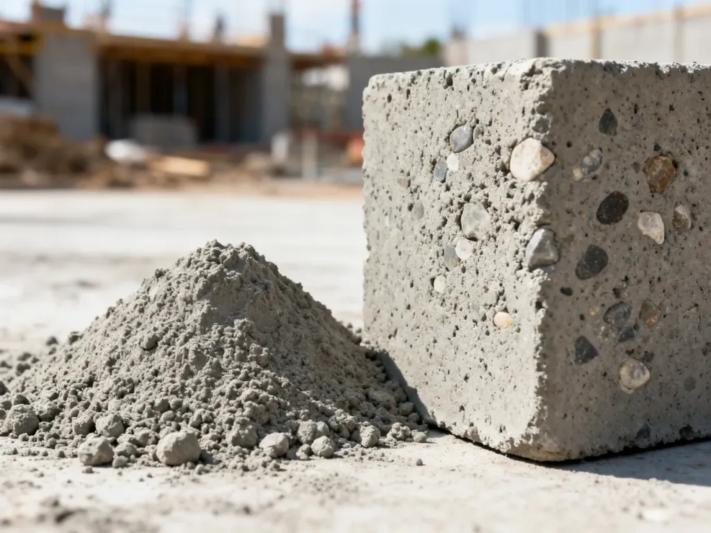 Porównanie sypkiego cementu oraz utwardzonego betonu z widocznym kruszywem, obrazujące różnicę między tymi materiałami.
