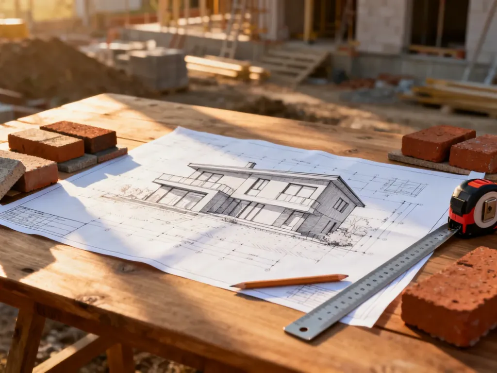 Plany architektoniczne domu otoczone próbkami materiałów budowlanych i narzędziami pomiarowymi na drewnianym stole.