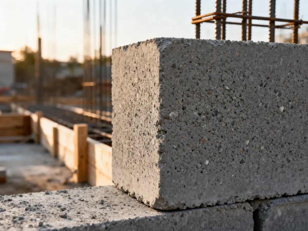 Zbliżenie na fakturę utwardzonego betonu C12/15 na placu budowy z widocznymi kruszywami i zbrojeniem w tle.