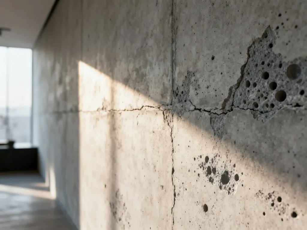 Zbliżenie na surową, betonową ścianę z widoczną fakturą i industrialnymi detalami w nowoczesnym wnętrzu.