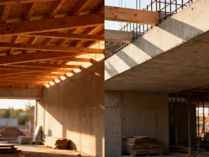 Porównanie czerwonej cegły ceramicznej i białych bloków silikatowych na placu budowy w świetle poranka.