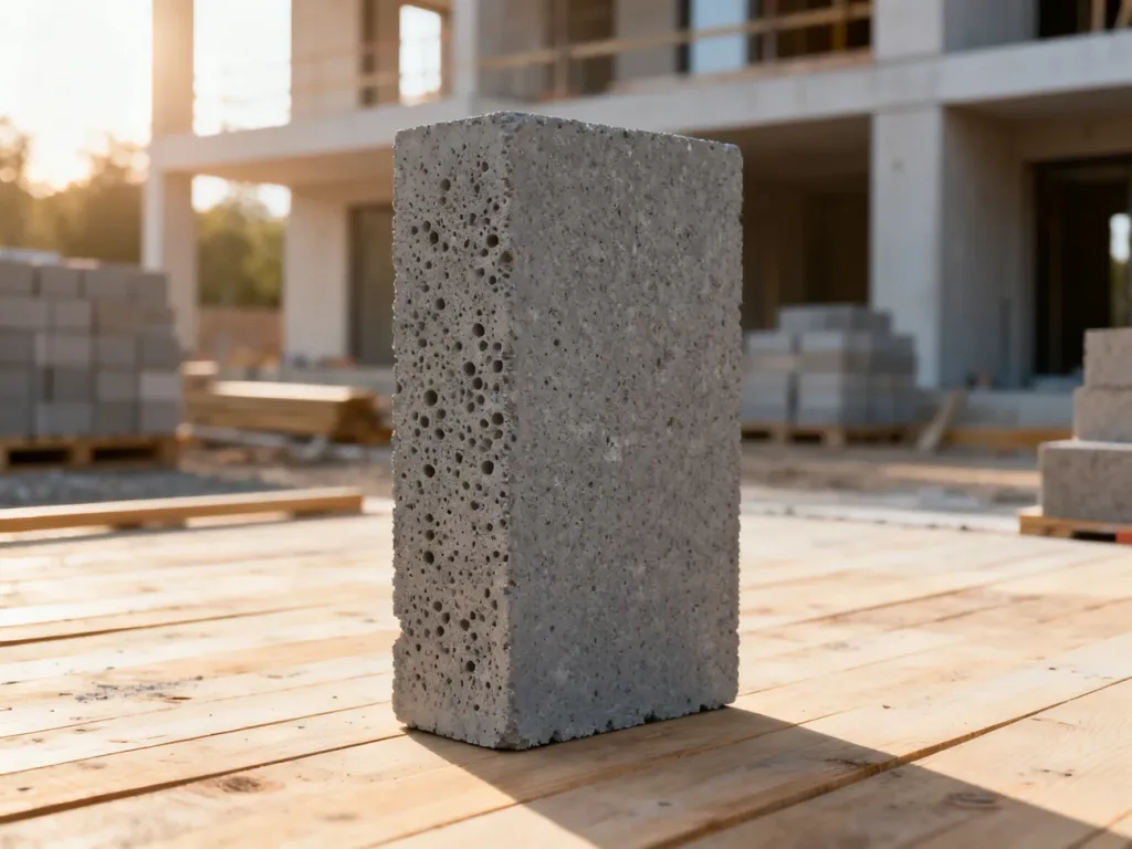 Pojedynczy pustak z betonu komórkowego o wymiarach 24x24x59 cm na placu budowy, prezentujący porowatą strukturę materiału.