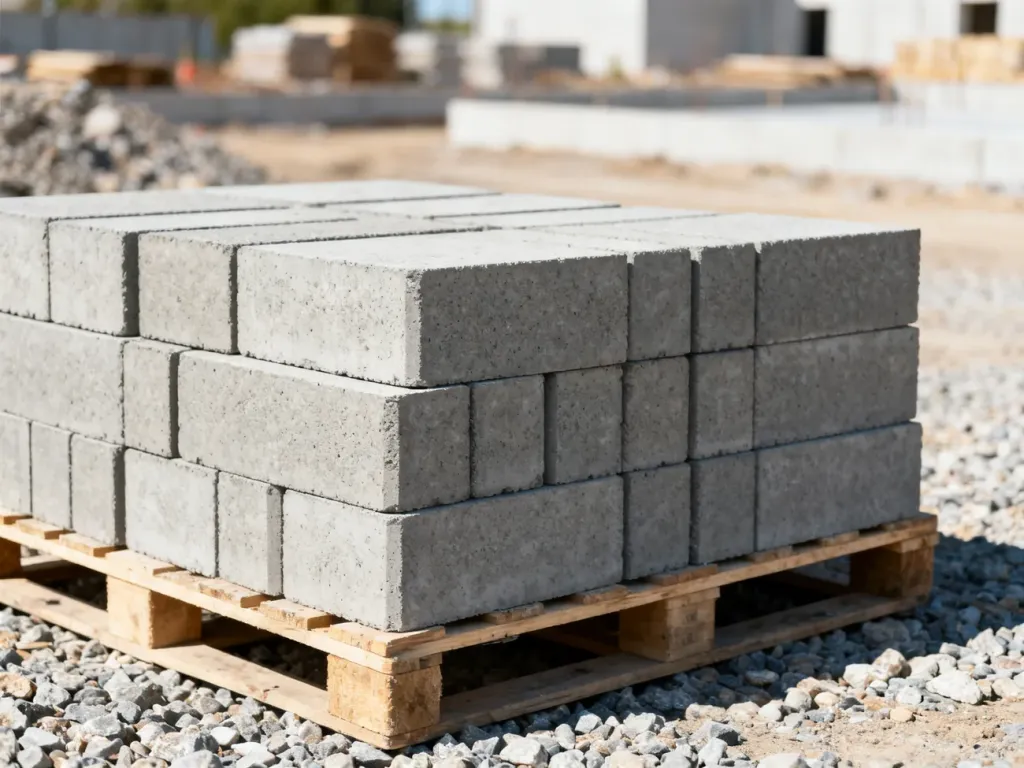 Betonowe bloczki fundamentowe starannie ułożone na palecie na placu budowy.